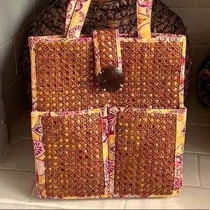 Vera Bradley Bali Gold Tiki Tote Shopper Double Handle Woven Straw overlay